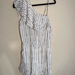 One Shoulder Ruffle Striped Romper